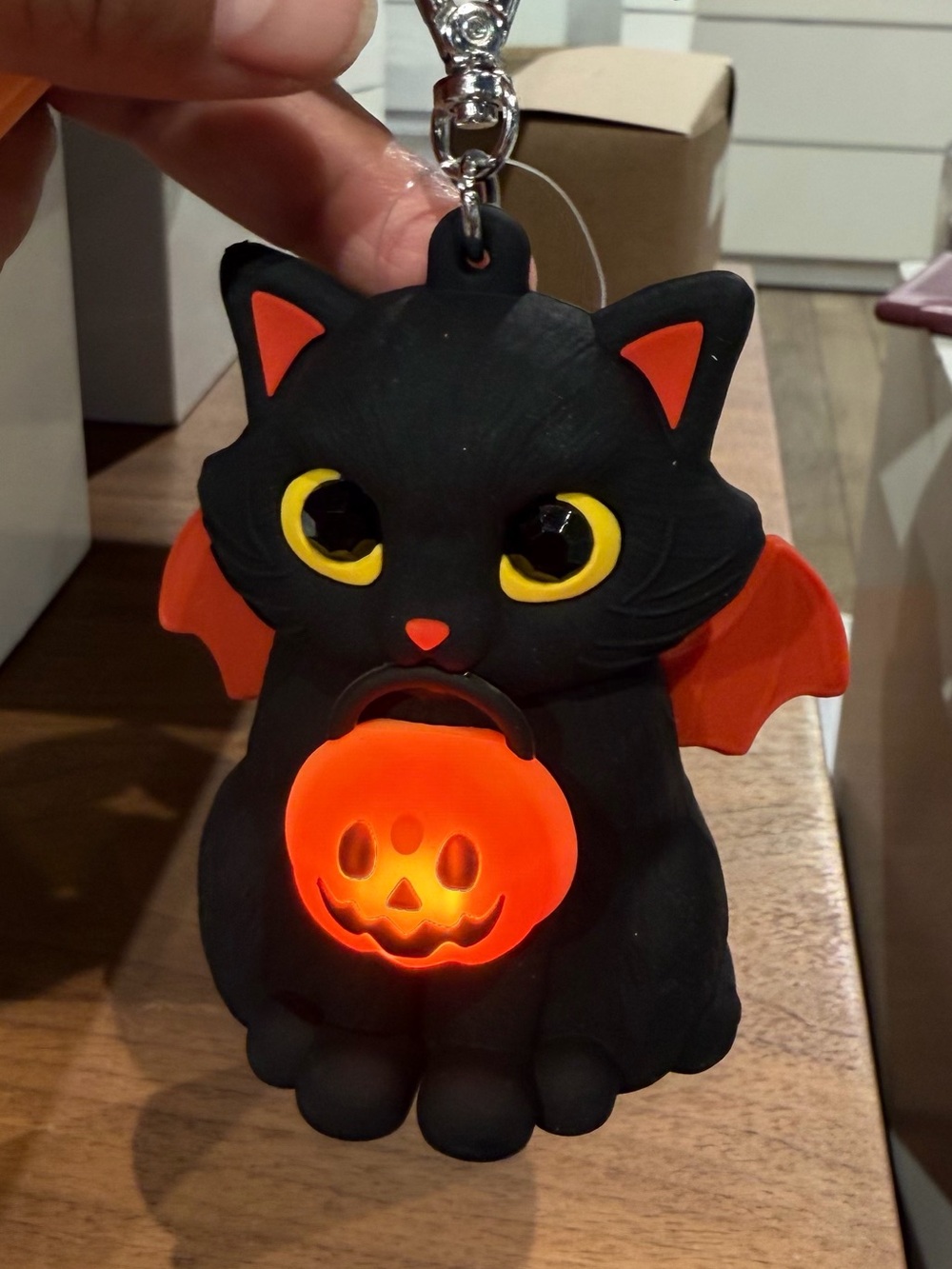Black Halloween Cat Keychain with Orange Pumpkin Treat Bag